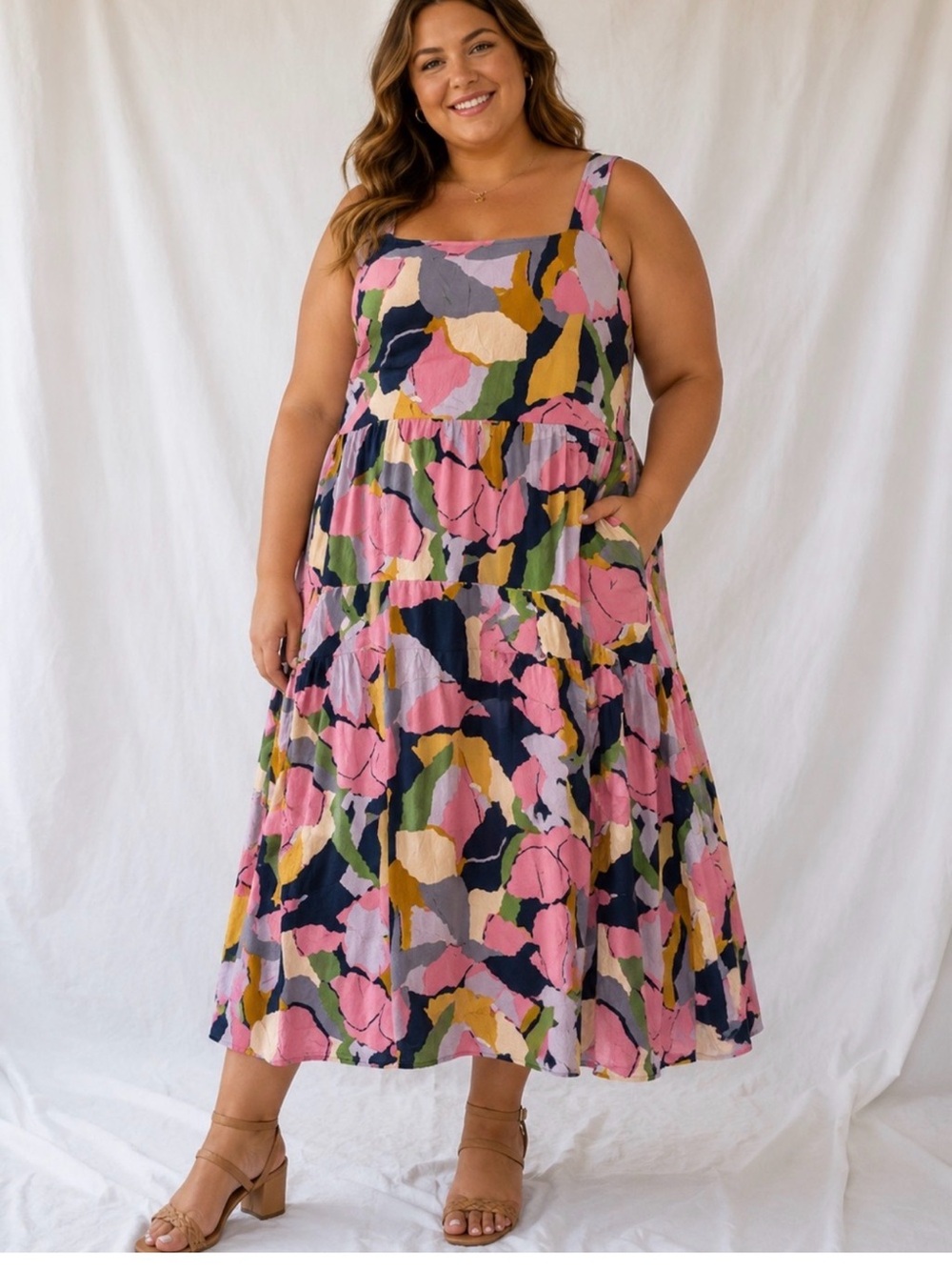 Ava & Viv Pink Multicolor Floral Tiered Midi Dress